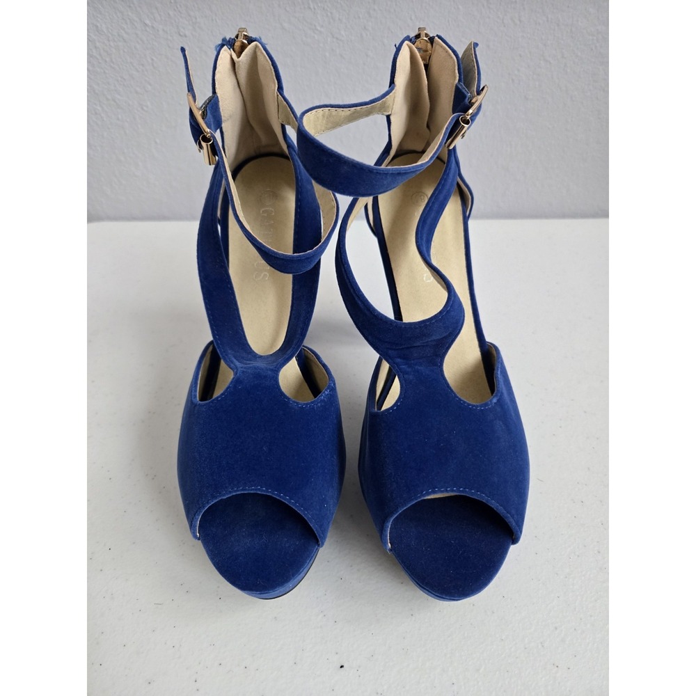 Gatuxus Women's Size 8.5 Royal Blue Velvet Platform‎ Heels with Ankle Strap